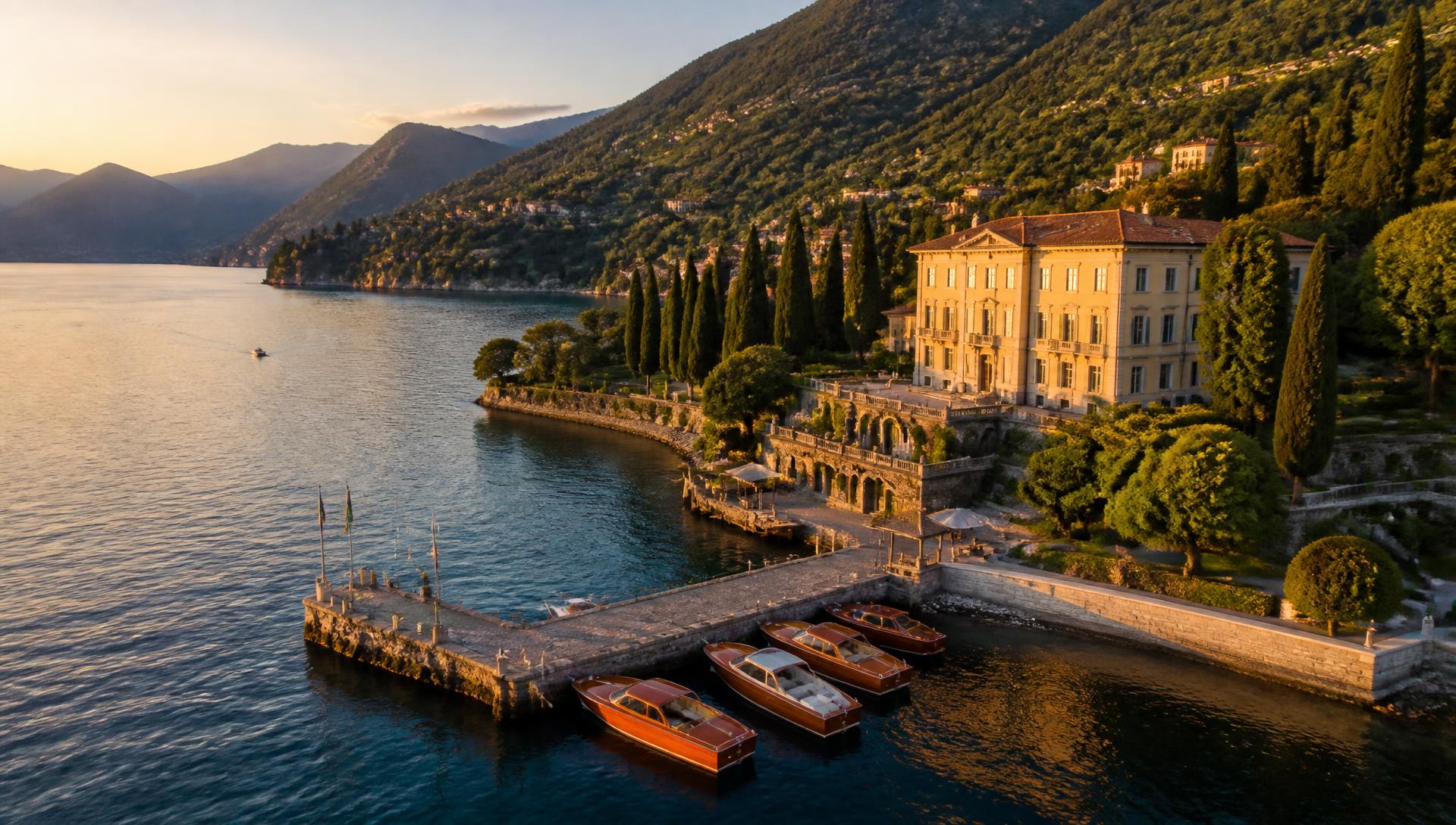 Aerial view of Lake Como at golden hour with a villa and pier
